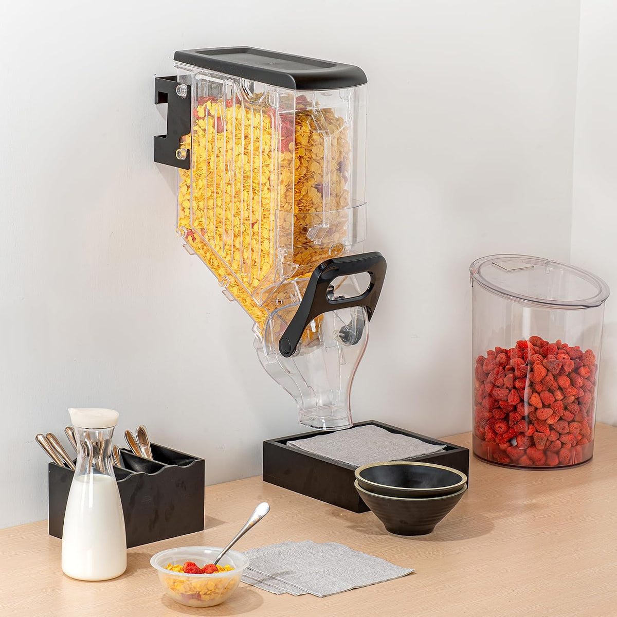 Met Lux 3.4 Gallon Dry Food Dispenser, 1 Airtight Cereal Dispenser - Wall-Mounted, Single Control, 1 Black Plastic Grain Holder, For Snacks, Nuts, Or Coffee Beans