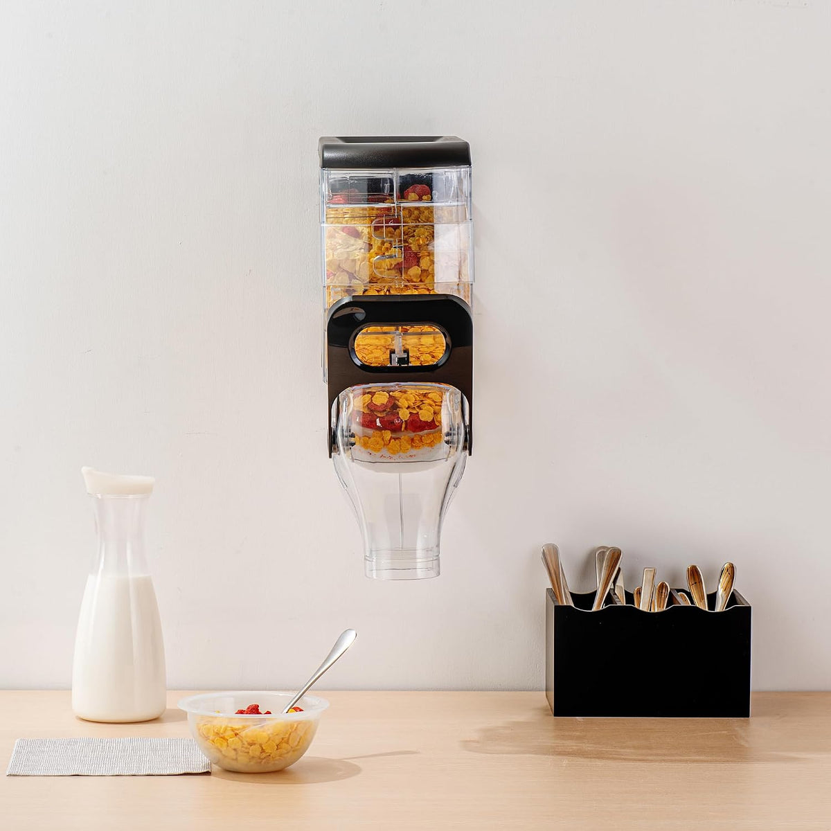 Met Lux 3.4 Gallon Dry Food Dispenser, 1 Airtight Cereal Dispenser - Wall-Mounted, Single Control, 1 Black Plastic Grain Holder, For Snacks, Nuts, Or Coffee Beans