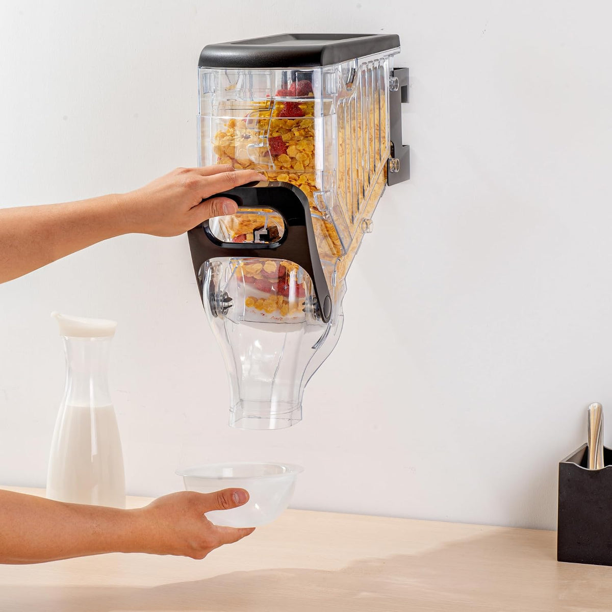 Met Lux 3.4 Gallon Dry Food Dispenser, 1 Airtight Cereal Dispenser - Wall-Mounted, Single Control, 1 Black Plastic Grain Holder, For Snacks, Nuts, Or Coffee Beans