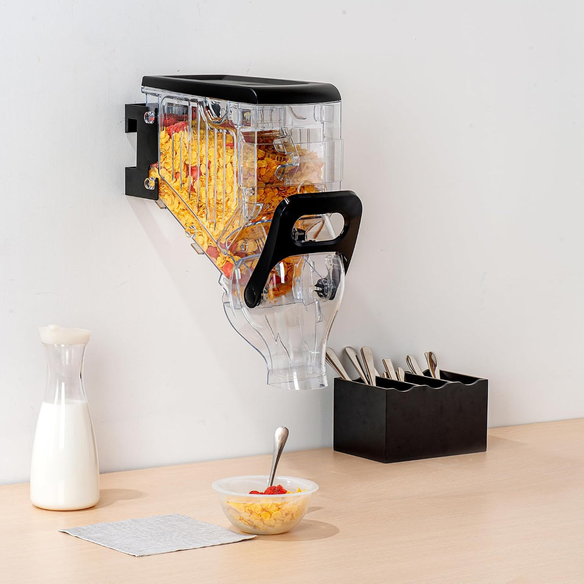 Met Lux 3.4 Gallon Dry Food Dispenser, 1 Airtight Cereal Dispenser - Wall-Mounted, Single Control, 1 Black Plastic Grain Holder, For Snacks, Nuts, Or Coffee Beans