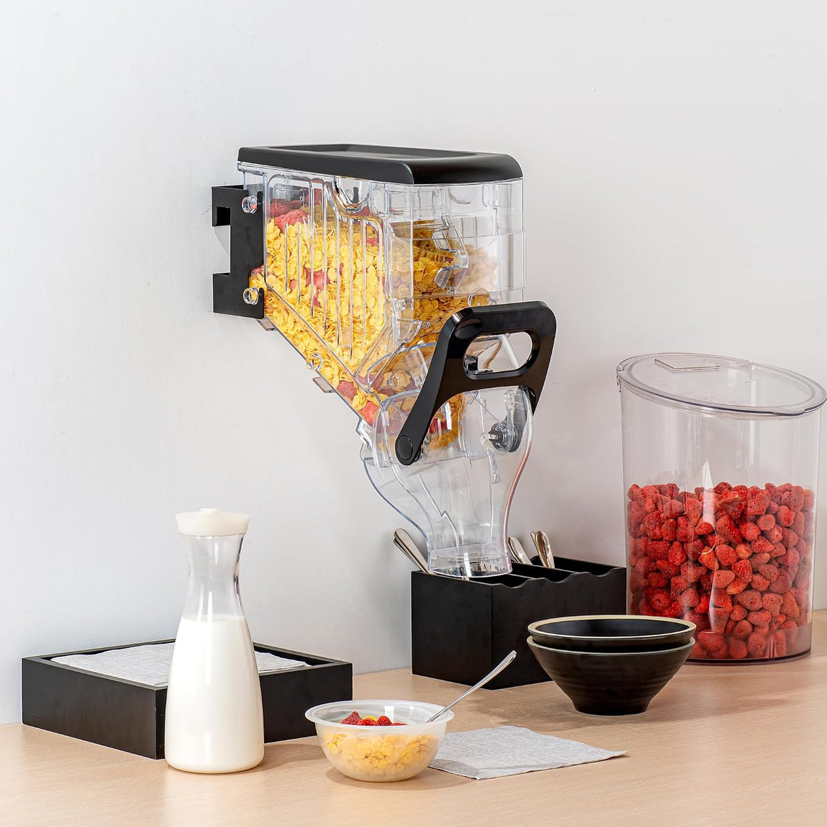 Met Lux 3.4 Gallon Dry Food Dispenser, 1 Airtight Cereal Dispenser - Wall-Mounted, Single Control, 1 Black Plastic Grain Holder, For Snacks, Nuts, Or Coffee Beans
