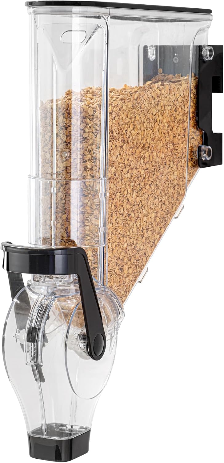 Met Lux 3.4 Gallon Dry Food Dispenser, 1 Airtight Cereal Dispenser - Wall-Mounted, Single Control, 1 Black Plastic Grain Holder, For Snacks, Nuts, Or Coffee Beans