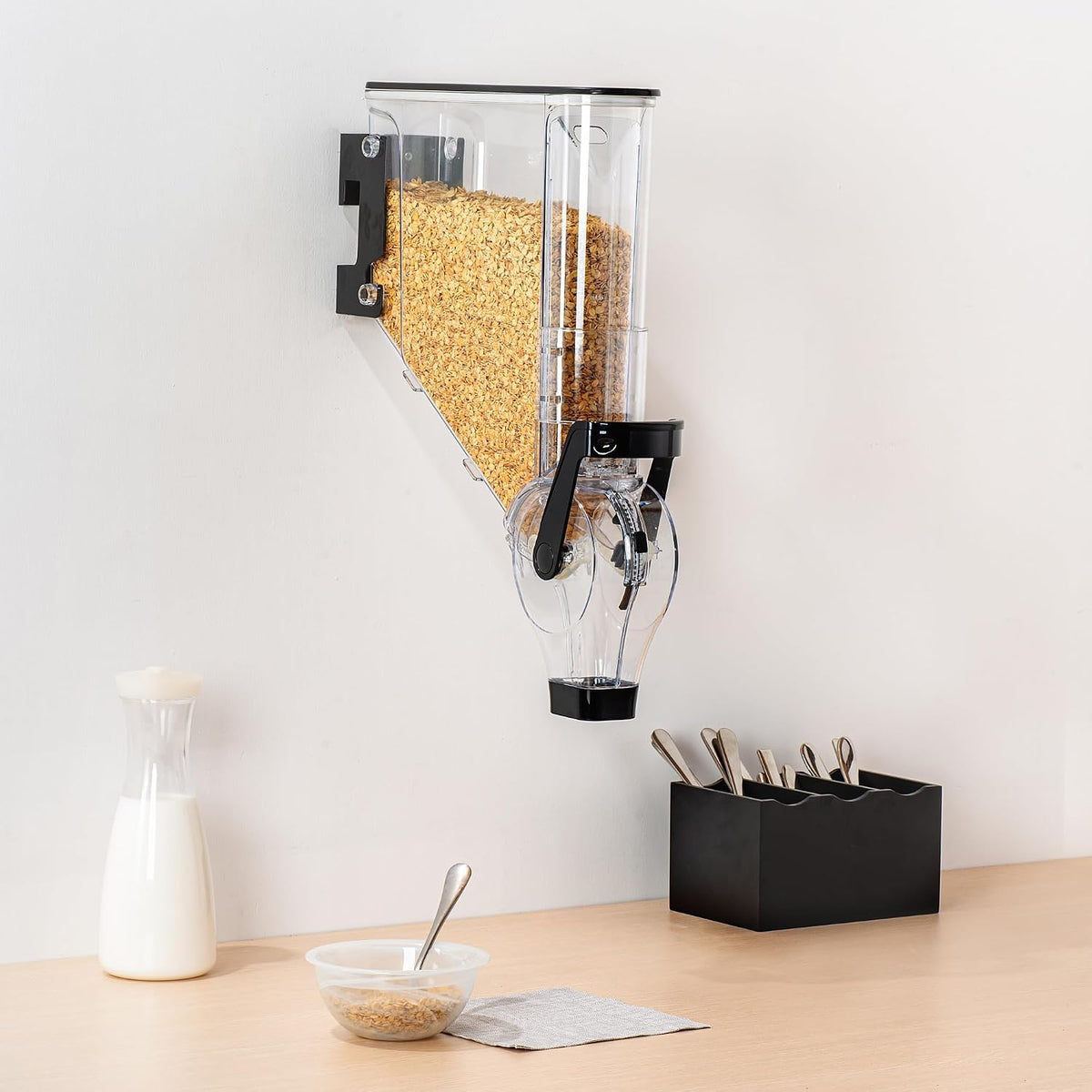 Met Lux 3.4 Gallon Dry Food Dispenser, 1 Airtight Cereal Dispenser - Wall-Mounted, Single Control, 1 Black Plastic Grain Holder, For Snacks, Nuts, Or Coffee Beans