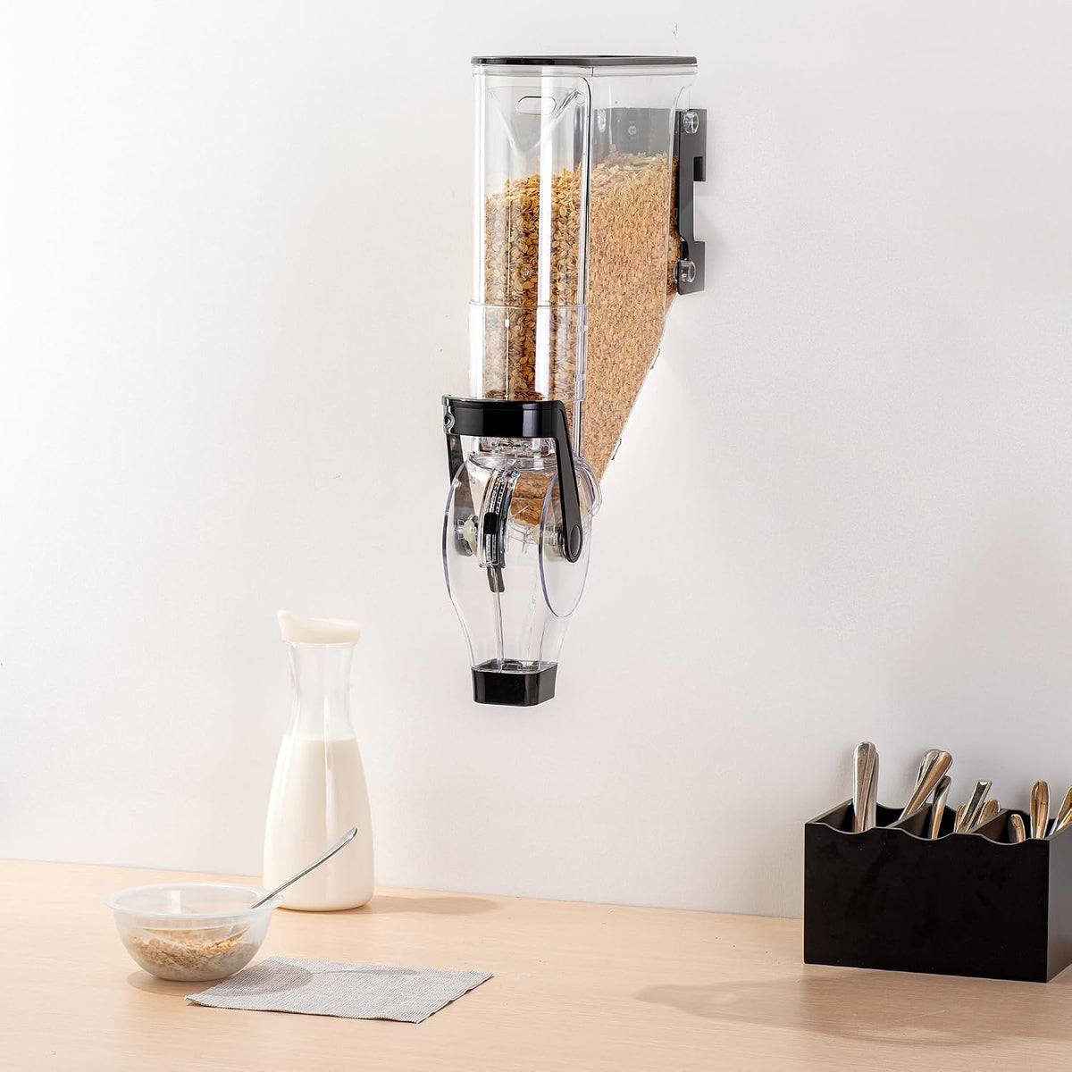 Met Lux 3.4 Gallon Dry Food Dispenser, 1 Airtight Cereal Dispenser - Wall-Mounted, Single Control, 1 Black Plastic Grain Holder, For Snacks, Nuts, Or Coffee Beans