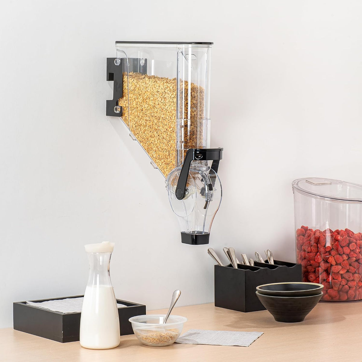 Met Lux 3.4 Gallon Dry Food Dispenser, 1 Airtight Cereal Dispenser - Wall-Mounted, Single Control, 1 Black Plastic Grain Holder, For Snacks, Nuts, Or Coffee Beans