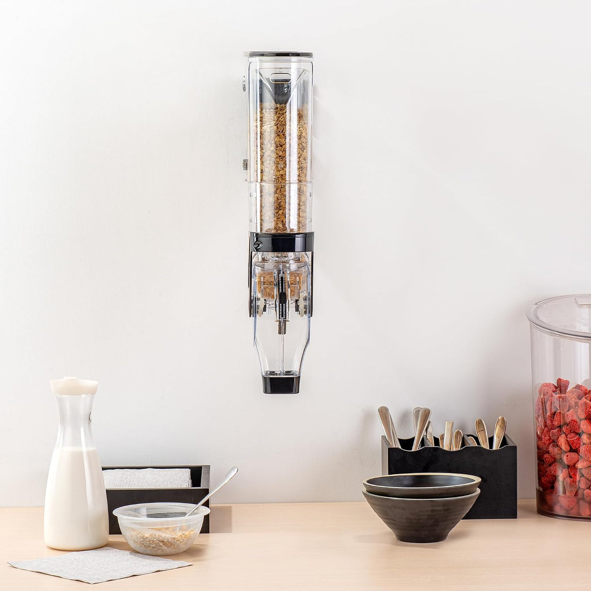Met Lux 3.4 Gallon Dry Food Dispenser, 1 Airtight Cereal Dispenser - Wall-Mounted, Single Control, 1 Black Plastic Grain Holder, For Snacks, Nuts, Or Coffee Beans