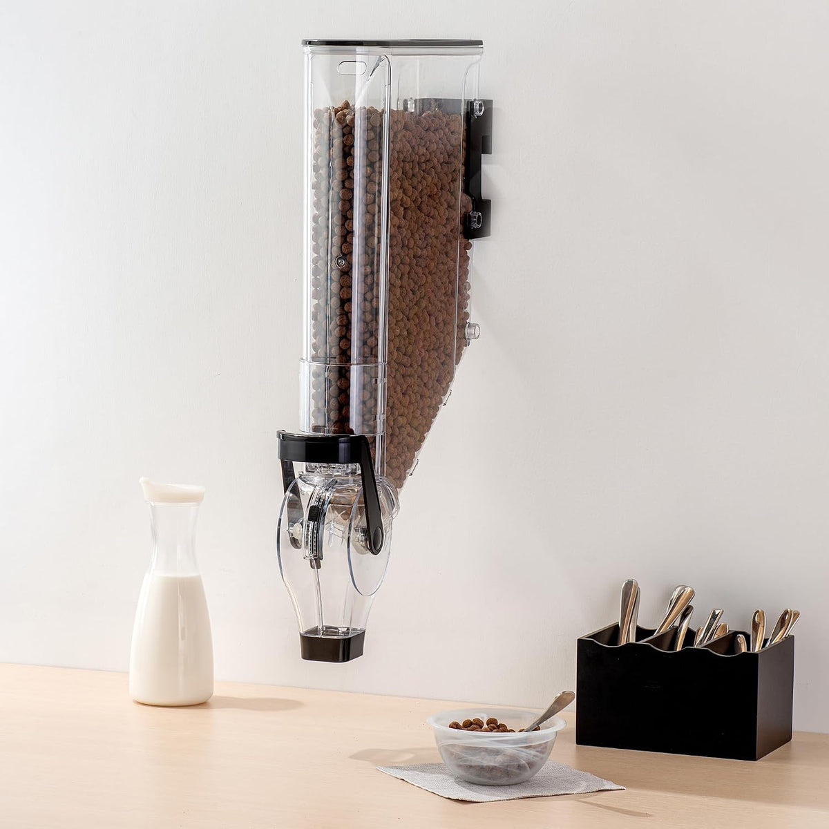 Met Lux 3.4 Gallon Dry Food Dispenser, 1 Airtight Cereal Dispenser - Wall-Mounted, Single Control, 1 Black Plastic Grain Holder, For Snacks, Nuts, Or Coffee Beans