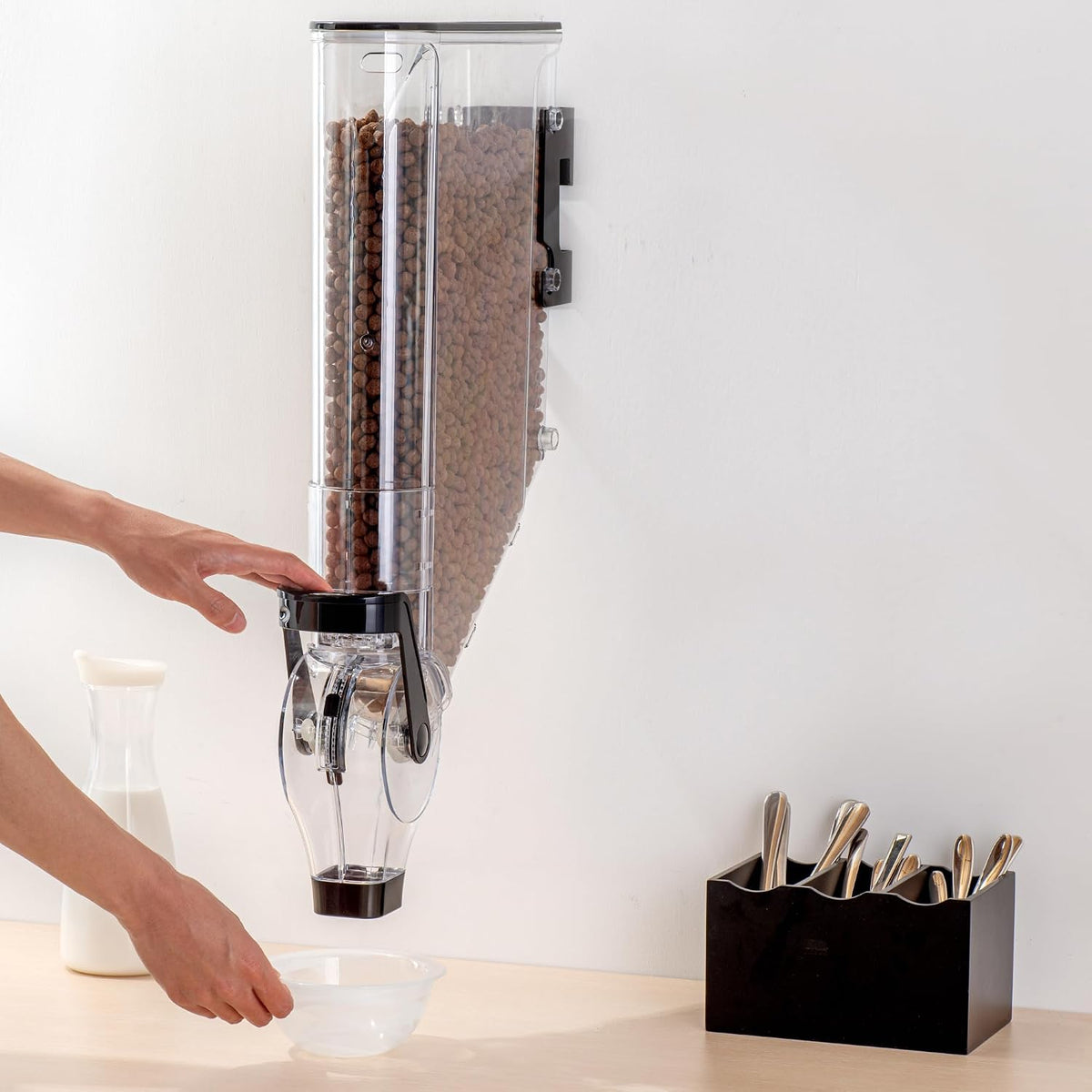 Met Lux 3.4 Gallon Dry Food Dispenser, 1 Airtight Cereal Dispenser - Wall-Mounted, Single Control, 1 Black Plastic Grain Holder, For Snacks, Nuts, Or Coffee Beans
