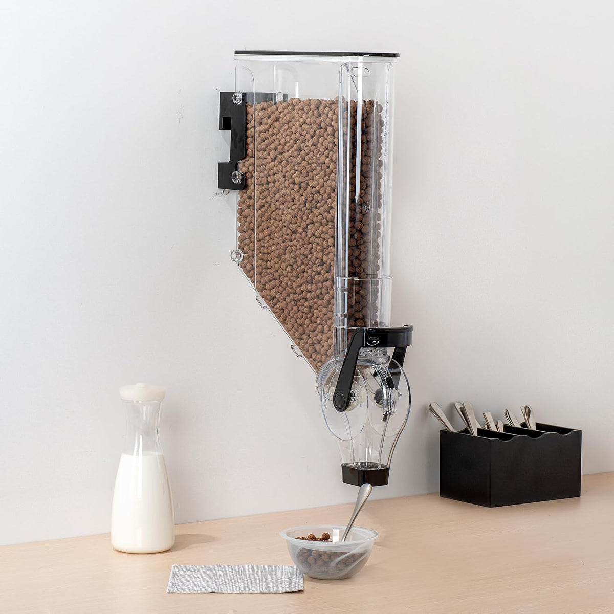 Met Lux 3.4 Gallon Dry Food Dispenser, 1 Airtight Cereal Dispenser - Wall-Mounted, Single Control, 1 Black Plastic Grain Holder, For Snacks, Nuts, Or Coffee Beans