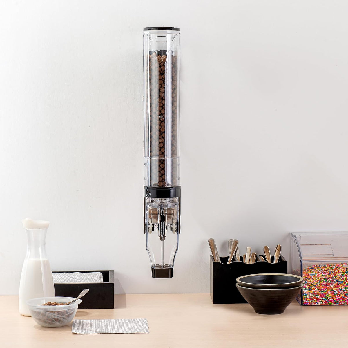 Met Lux 3.4 Gallon Dry Food Dispenser, 1 Airtight Cereal Dispenser - Wall-Mounted, Single Control, 1 Black Plastic Grain Holder, For Snacks, Nuts, Or Coffee Beans