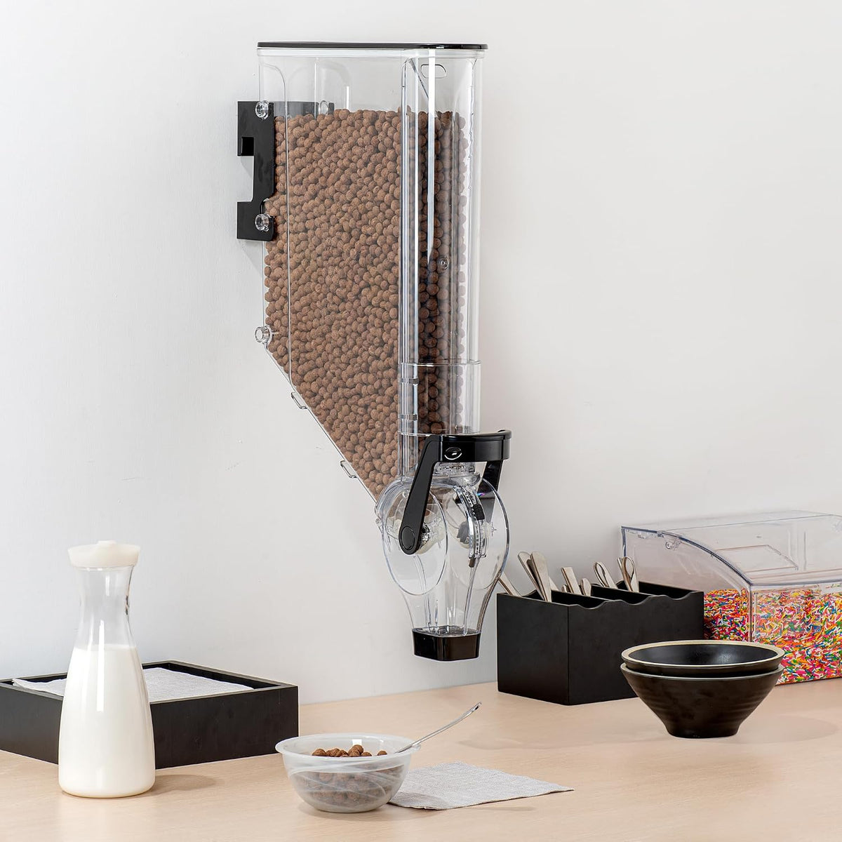 Met Lux 3.4 Gallon Dry Food Dispenser, 1 Airtight Cereal Dispenser - Wall-Mounted, Single Control, 1 Black Plastic Grain Holder, For Snacks, Nuts, Or Coffee Beans