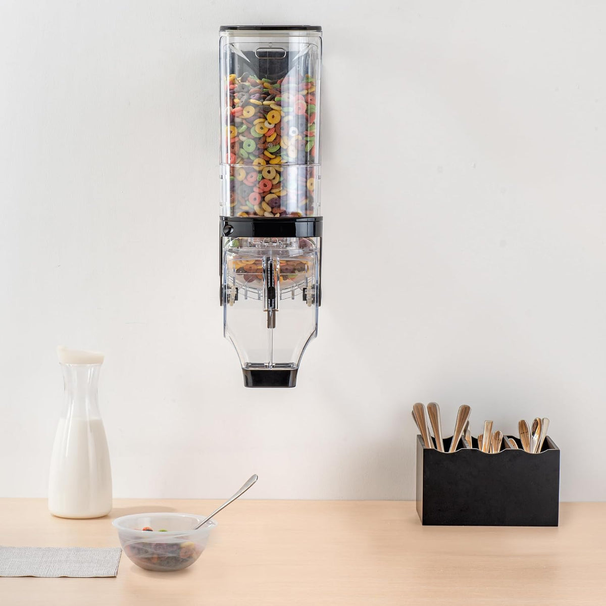 Met Lux 3.4 Gallon Dry Food Dispenser, 1 Airtight Cereal Dispenser - Wall-Mounted, Single Control, 1 Black Plastic Grain Holder, For Snacks, Nuts, Or Coffee Beans