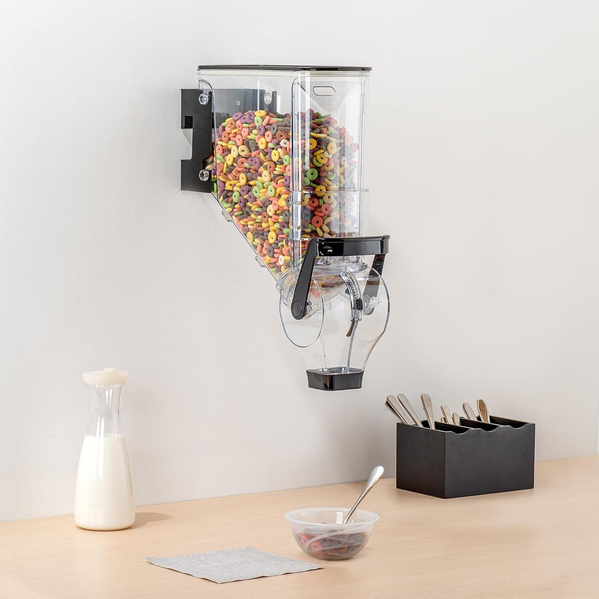 Met Lux 3.4 Gallon Dry Food Dispenser, 1 Airtight Cereal Dispenser - Wall-Mounted, Single Control, 1 Black Plastic Grain Holder, For Snacks, Nuts, Or Coffee Beans