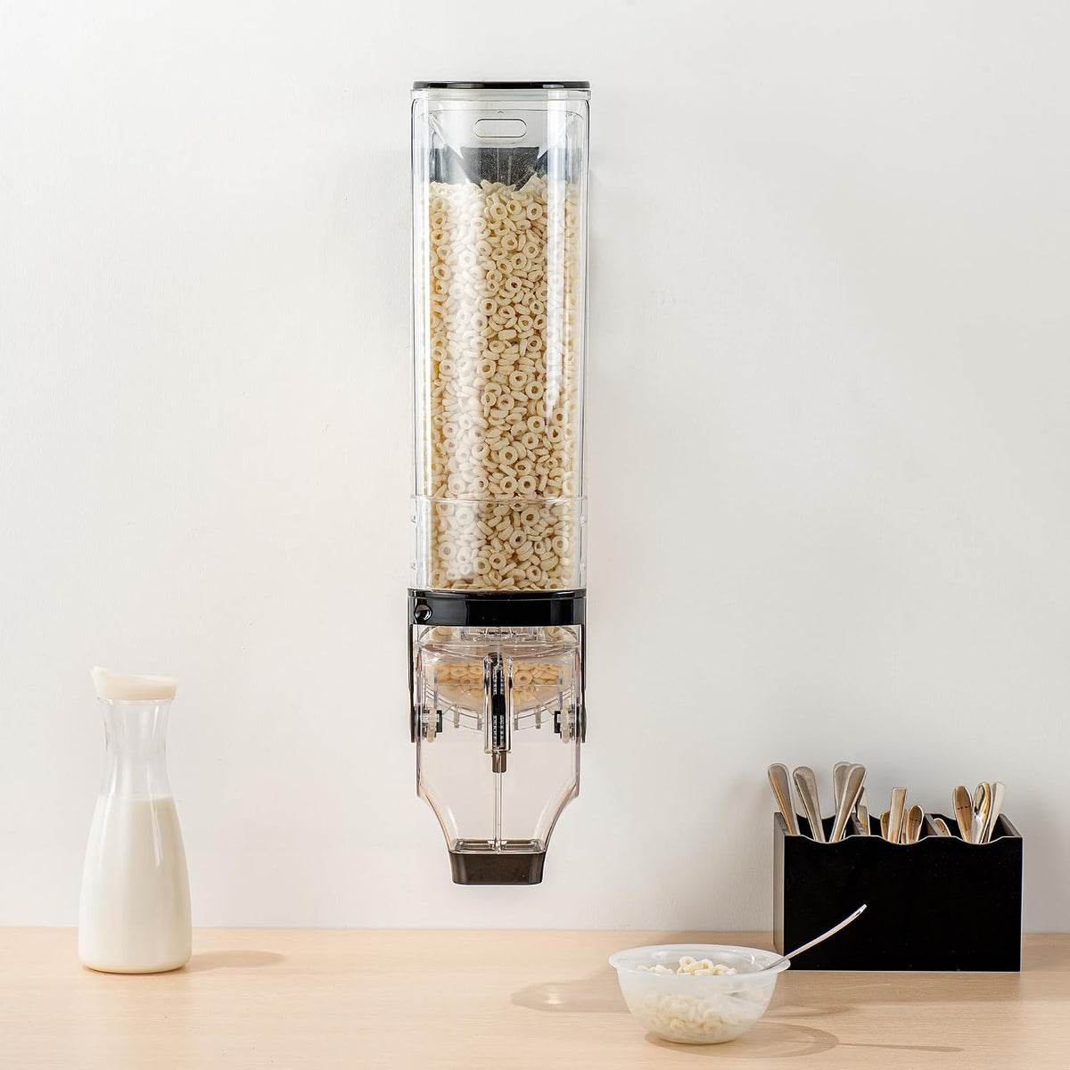 Met Lux 3.4 Gallon Dry Food Dispenser, 1 Airtight Cereal Dispenser - Wall-Mounted, Single Control, 1 Black Plastic Grain Holder, For Snacks, Nuts, Or Coffee Beans