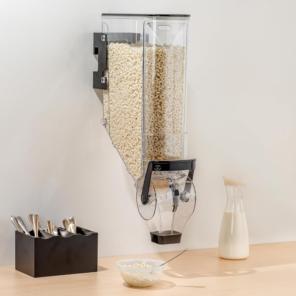 Met Lux 3.4 Gallon Dry Food Dispenser, 1 Airtight Cereal Dispenser - Wall-Mounted, Single Control, 1 Black Plastic Grain Holder, For Snacks, Nuts, Or Coffee Beans