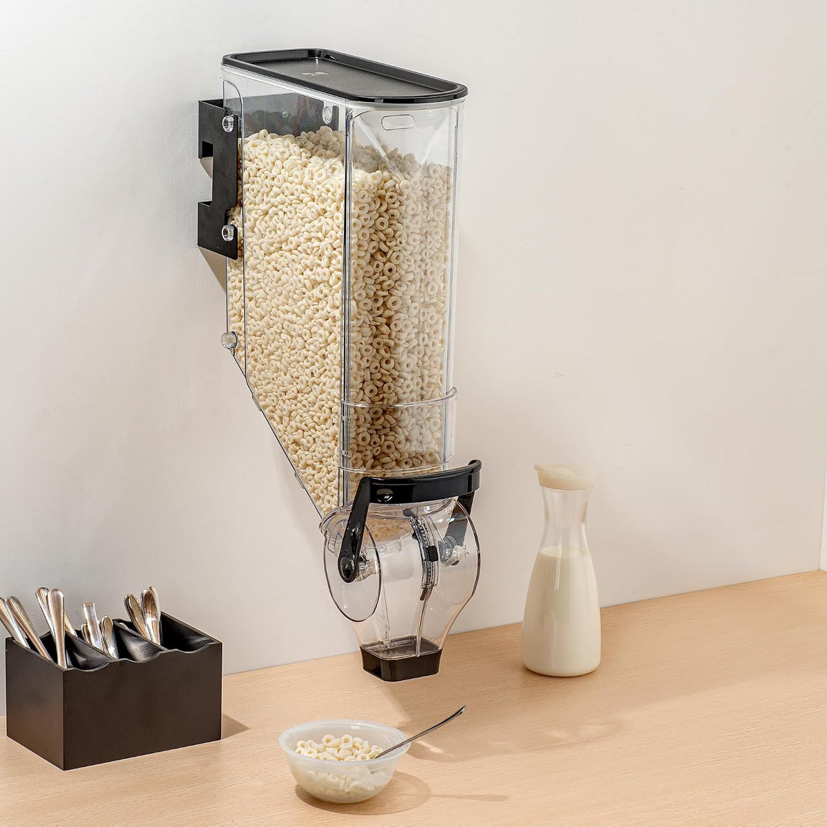 Met Lux 3.4 Gallon Dry Food Dispenser, 1 Airtight Cereal Dispenser - Wall-Mounted, Single Control, 1 Black Plastic Grain Holder, For Snacks, Nuts, Or Coffee Beans