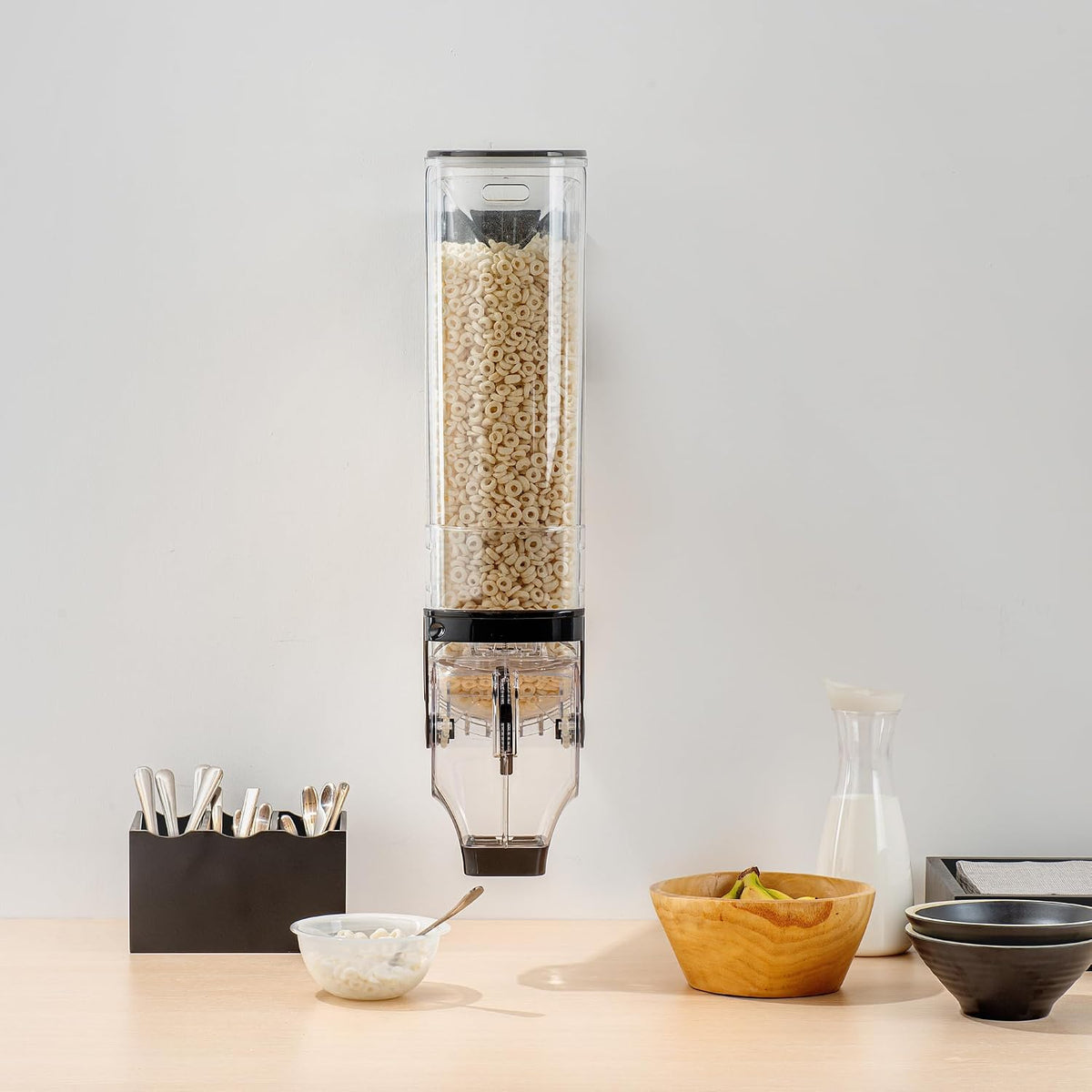 Met Lux 3.4 Gallon Dry Food Dispenser, 1 Airtight Cereal Dispenser - Wall-Mounted, Single Control, 1 Black Plastic Grain Holder, For Snacks, Nuts, Or Coffee Beans
