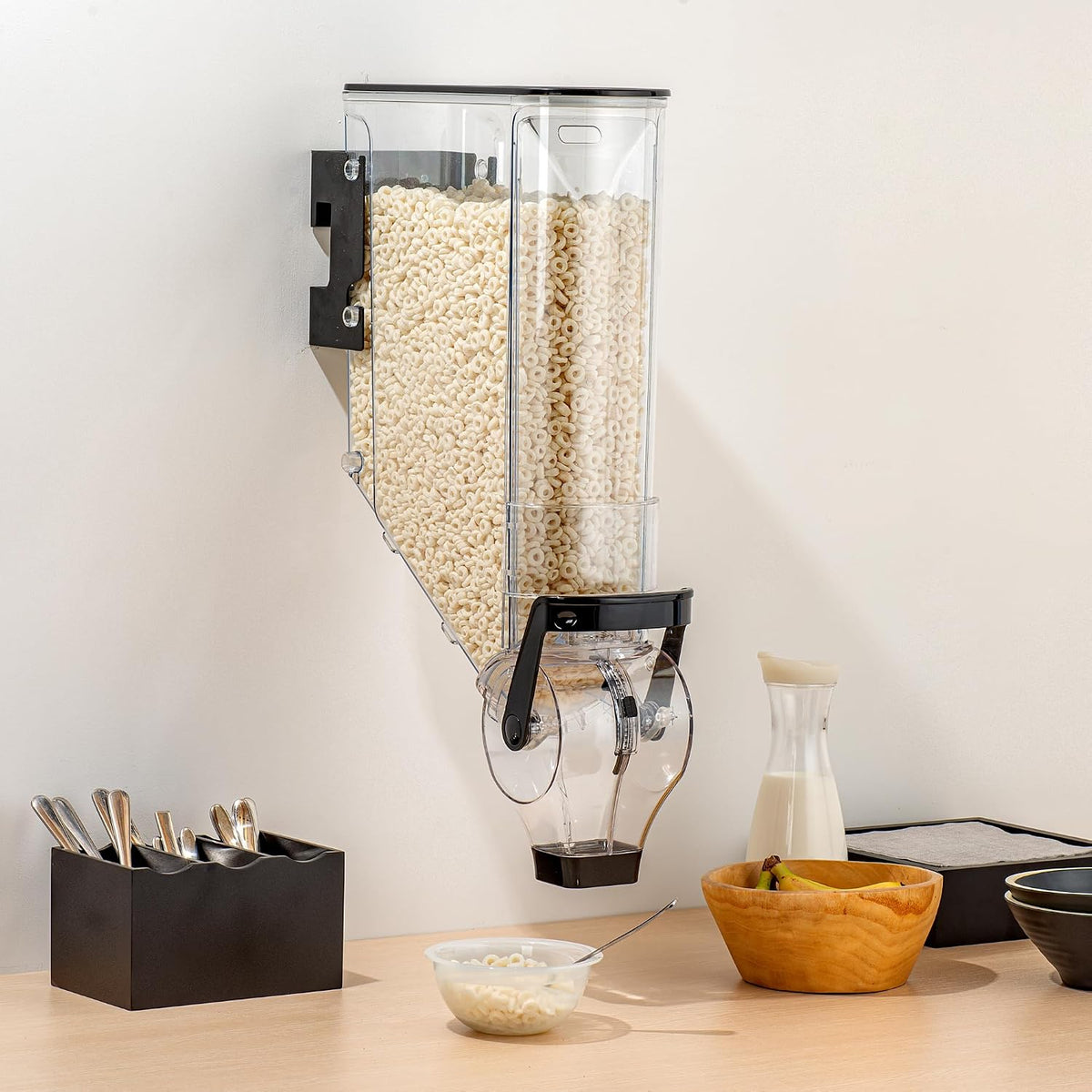 Met Lux 3.4 Gallon Dry Food Dispenser, 1 Airtight Cereal Dispenser - Wall-Mounted, Single Control, 1 Black Plastic Grain Holder, For Snacks, Nuts, Or Coffee Beans