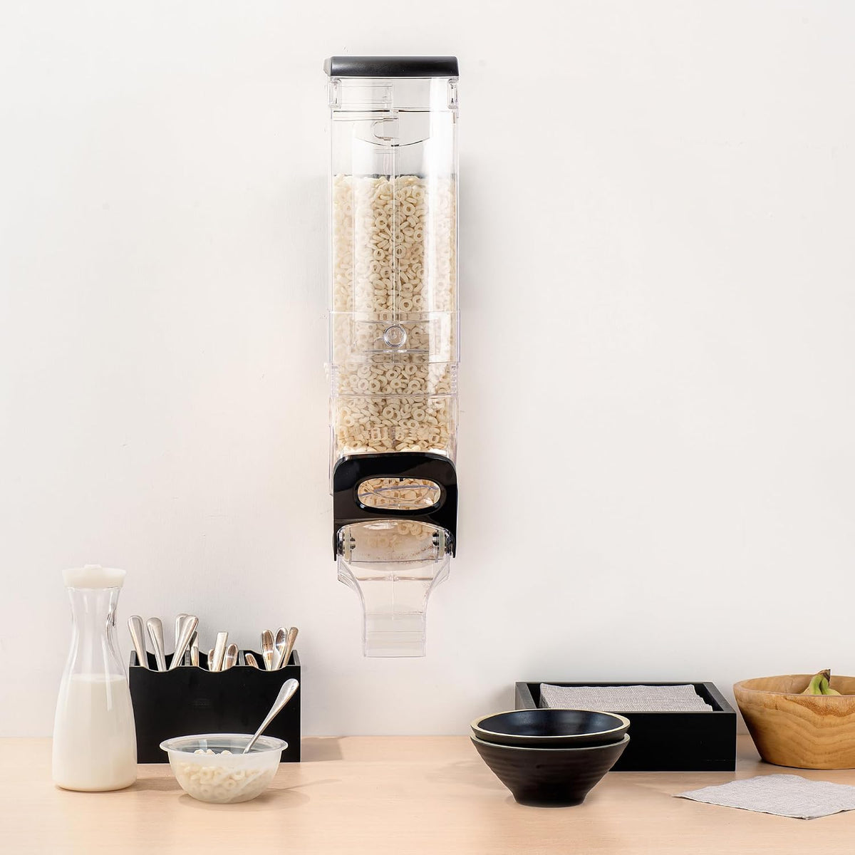 Met Lux 3.4 Gallon Dry Food Dispenser, 1 Airtight Cereal Dispenser - Wall-Mounted, Single Control, 1 Black Plastic Grain Holder, For Snacks, Nuts, Or Coffee Beans