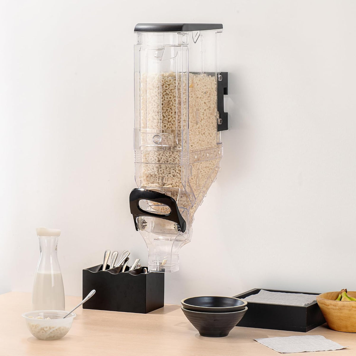 Met Lux 3.4 Gallon Dry Food Dispenser, 1 Airtight Cereal Dispenser - Wall-Mounted, Single Control, 1 Black Plastic Grain Holder, For Snacks, Nuts, Or Coffee Beans