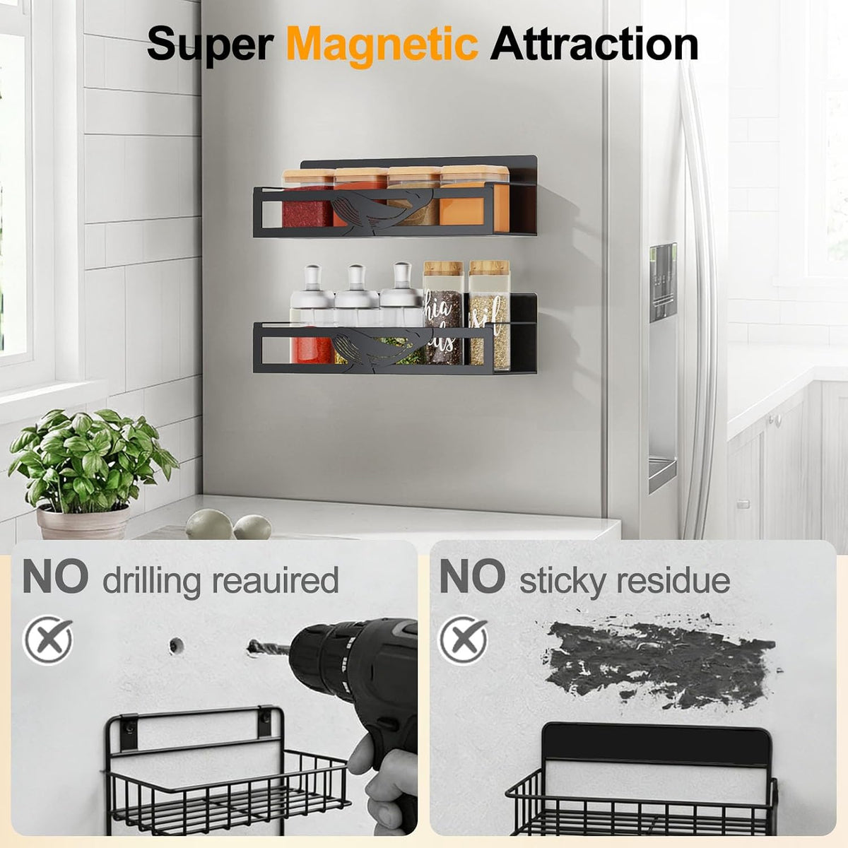 Magnetic Spice Rack for Refrigerator, 4-Pack Metal Seasoning Organizer for Kitchen Storage Organization, Magnetic Shelf for Fridge Space Saving Spice Organizer, Black