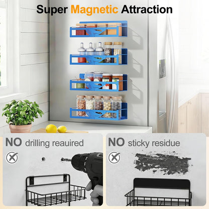 Magnetic Spice Rack for Refrigerator, 4-Pack Metal Seasoning Organizer for Kitchen Storage Organization, Magnetic Shelf for Fridge Space Saving Spice Organizer, Black