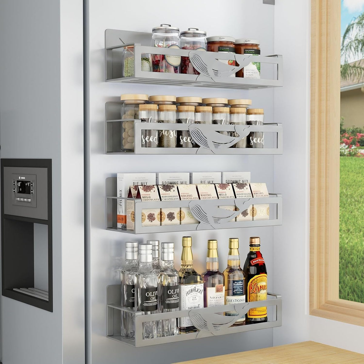 Magnetic Spice Rack for Refrigerator, 4-Pack Metal Seasoning Organizer for Kitchen Storage Organization, Magnetic Shelf for Fridge Space Saving Spice Organizer, Black