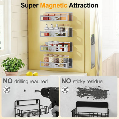 Magnetic Spice Rack for Refrigerator, 4-Pack Metal Seasoning Organizer for Kitchen Storage Organization, Magnetic Shelf for Fridge Space Saving Spice Organizer, Black
