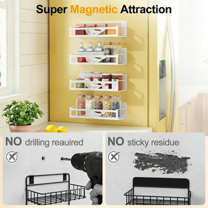 Magnetic Spice Rack for Refrigerator, 4-Pack Metal Seasoning Organizer for Kitchen Storage Organization, Magnetic Shelf for Fridge Space Saving Spice Organizer, Black