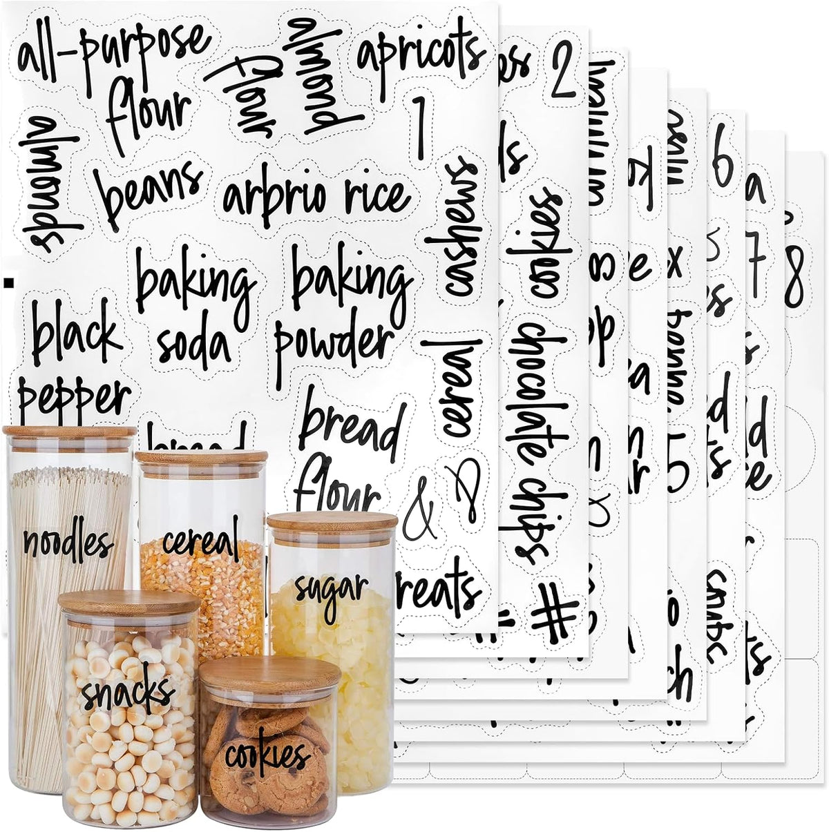 170PCS Kitchen Pantry Labels for Food Containers, Black Script Clear Labels | Water & Oil Resistant Preprinted Labels, Easy Peel and Stick for Jars, Bins, Containers and Food Storage Organization