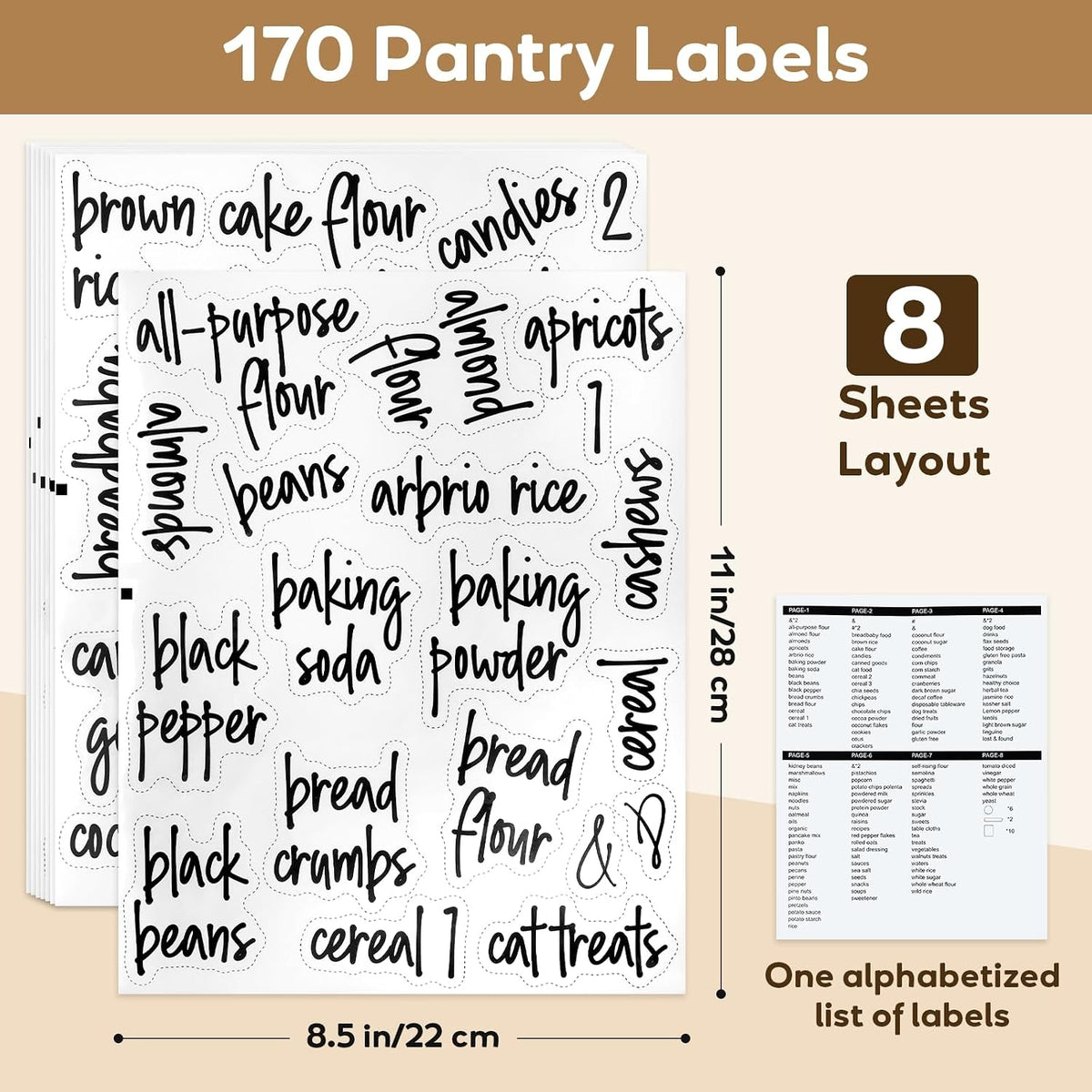170PCS Kitchen Pantry Labels for Food Containers, Black Script Clear Labels | Water & Oil Resistant Preprinted Labels, Easy Peel and Stick for Jars, Bins, Containers and Food Storage Organization