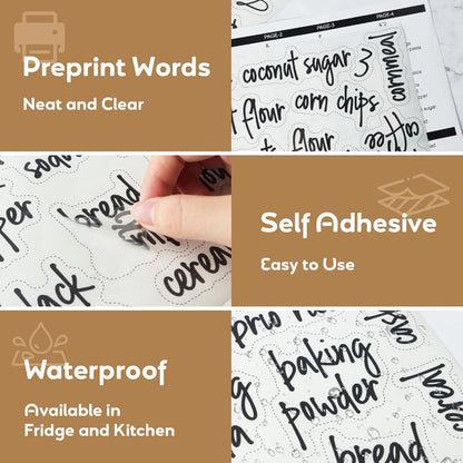 170PCS Kitchen Pantry Labels for Food Containers, Black Script Clear Labels | Water & Oil Resistant Preprinted Labels, Easy Peel and Stick for Jars, Bins, Containers and Food Storage Organization