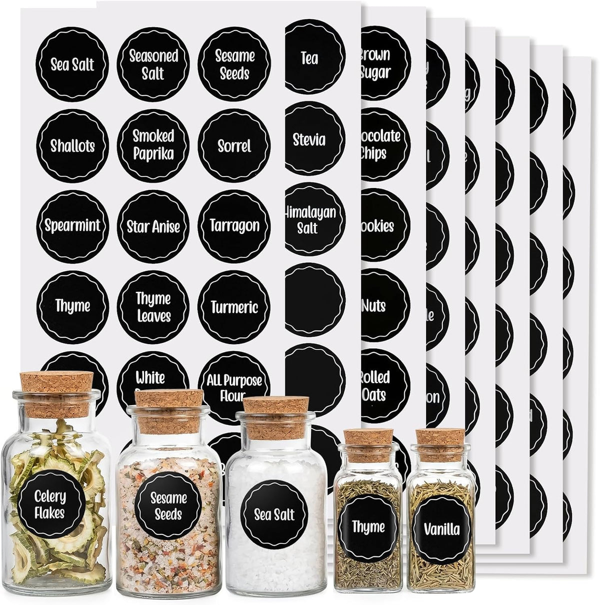 170PCS Kitchen Pantry Labels for Food Containers, Black Script Clear Labels | Water & Oil Resistant Preprinted Labels, Easy Peel and Stick for Jars, Bins, Containers and Food Storage Organization
