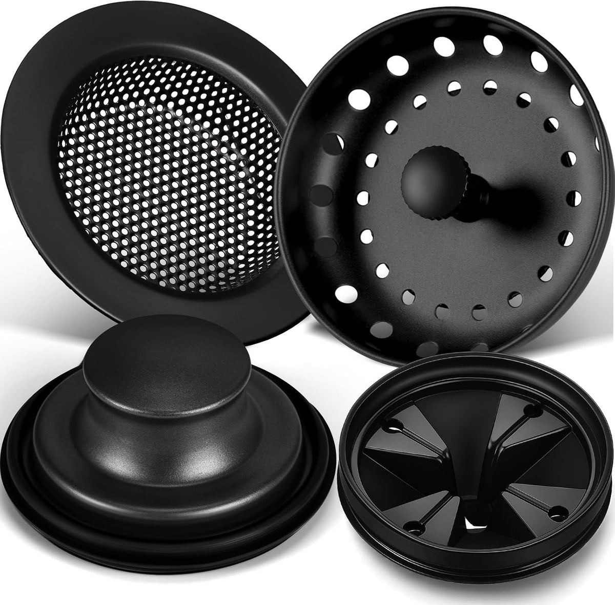 4 Pcs Matte Black Kitchen Sink Accessories Garbage Disposal Splash Guards 3.4'' Sink Drain Strainer and Stopper Stainless Steel Garbage Disposal Plug for Kitchen Drain Strainer