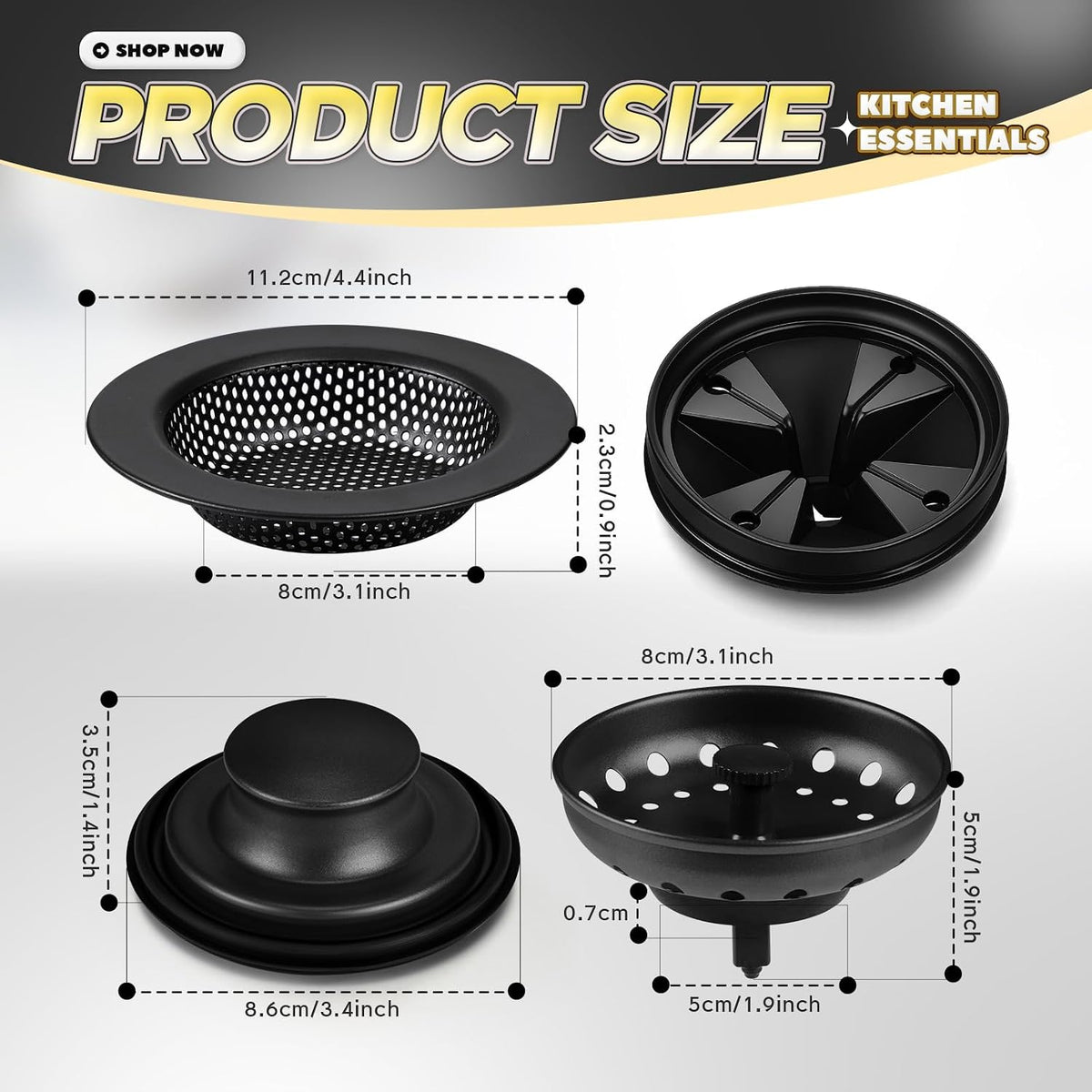 4 Pcs Matte Black Kitchen Sink Accessories Garbage Disposal Splash Guards 3.4'' Sink Drain Strainer and Stopper Stainless Steel Garbage Disposal Plug for Kitchen Drain Strainer