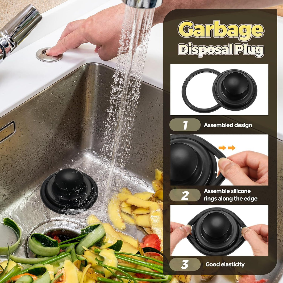 4 Pcs Matte Black Kitchen Sink Accessories Garbage Disposal Splash Guards 3.4'' Sink Drain Strainer and Stopper Stainless Steel Garbage Disposal Plug for Kitchen Drain Strainer