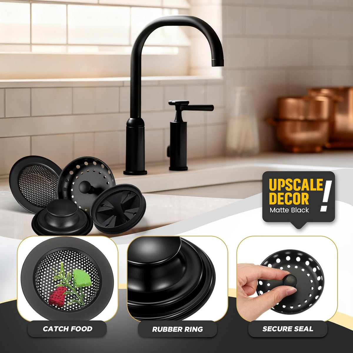 4 Pcs Matte Black Kitchen Sink Accessories Garbage Disposal Splash Guards 3.4'' Sink Drain Strainer and Stopper Stainless Steel Garbage Disposal Plug for Kitchen Drain Strainer