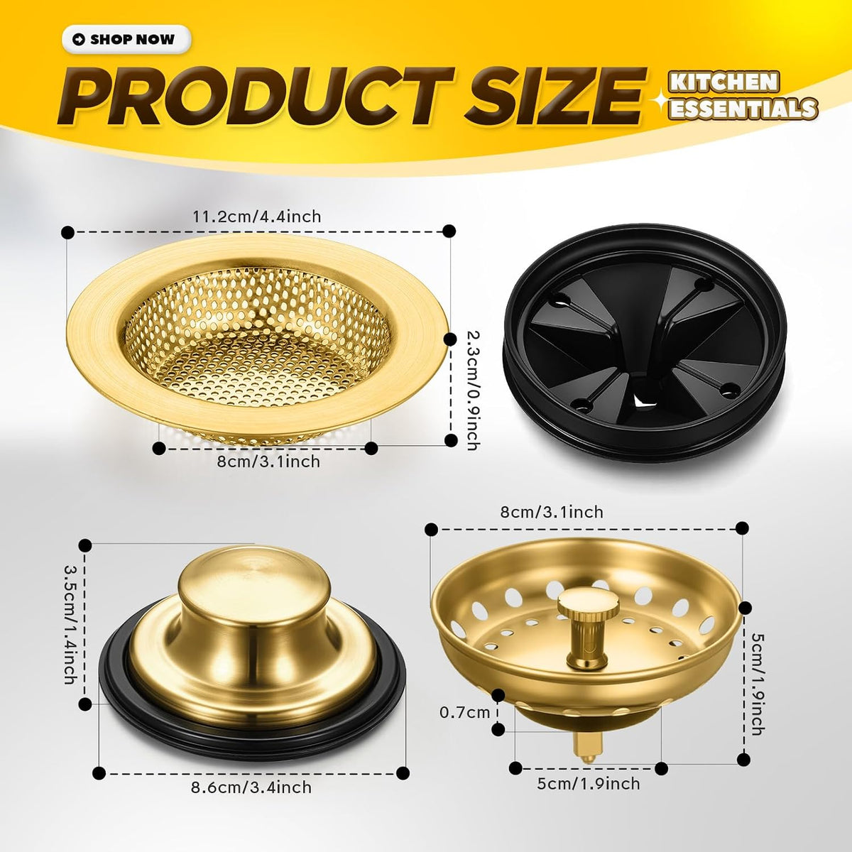 4 Pcs Matte Black Kitchen Sink Accessories Garbage Disposal Splash Guards 3.4'' Sink Drain Strainer and Stopper Stainless Steel Garbage Disposal Plug for Kitchen Drain Strainer