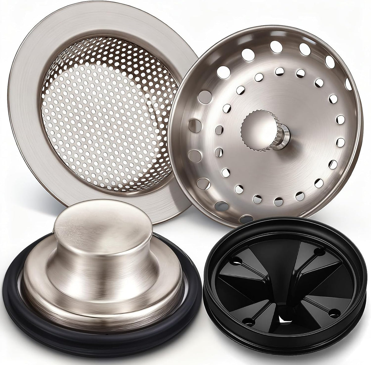 4 Pcs Matte Black Kitchen Sink Accessories Garbage Disposal Splash Guards 3.4'' Sink Drain Strainer and Stopper Stainless Steel Garbage Disposal Plug for Kitchen Drain Strainer