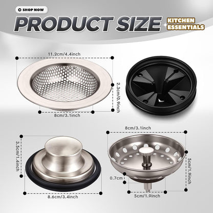 4 Pcs Matte Black Kitchen Sink Accessories Garbage Disposal Splash Guards 3.4'' Sink Drain Strainer and Stopper Stainless Steel Garbage Disposal Plug for Kitchen Drain Strainer