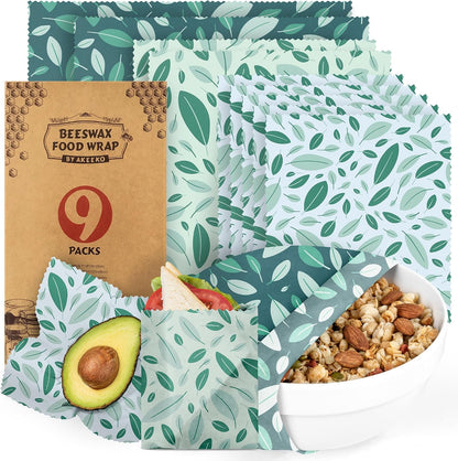 Reusable Beeswax Food Wraps - Assorted 9 Packs, Reusable, Plastic-Free Food Storage, 5 Small, 2 Medium, 1 Large, 1 Extra Large Wraps with Abstract Curves Pattern