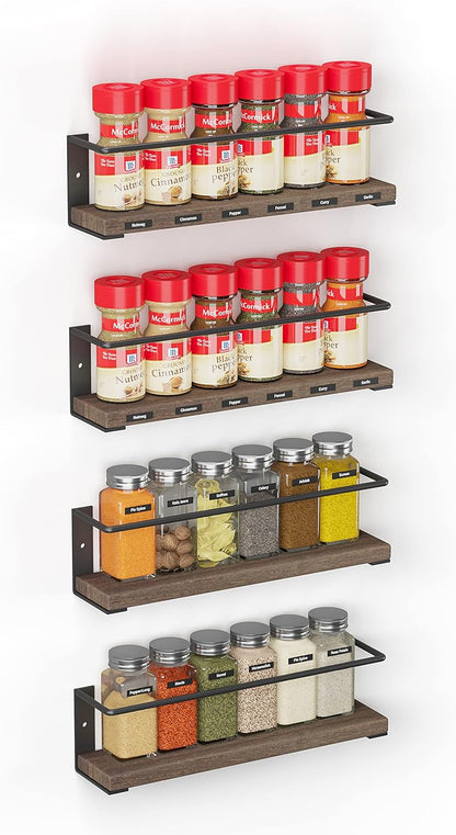Spice Rack with 24 Spice Jars, 386 Spice Labels, Chalk Marker and Funnel, Wood Hanging Seasoning Shelf for Cabinet Door or Wall Mount (4 Pack)