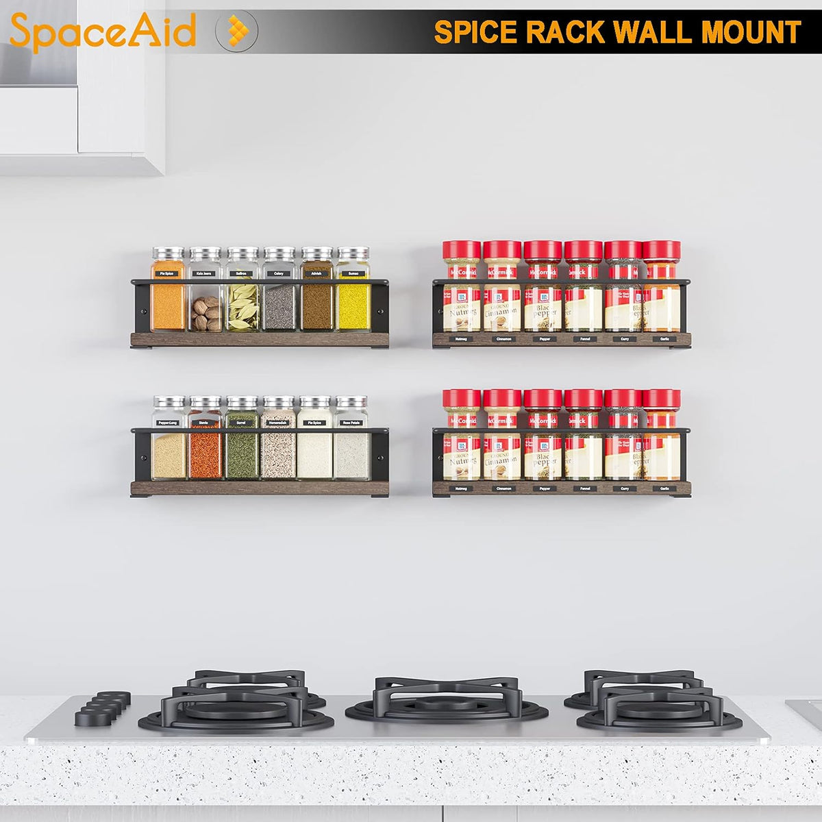 Spice Rack with 24 Spice Jars, 386 Spice Labels, Chalk Marker and Funnel, Wood Hanging Seasoning Shelf for Cabinet Door or Wall Mount (4 Pack)