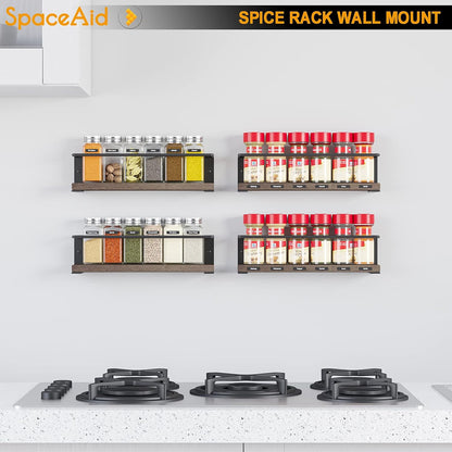 Spice Rack with 24 Spice Jars, 386 Spice Labels, Chalk Marker and Funnel, Wood Hanging Seasoning Shelf for Cabinet Door or Wall Mount (4 Pack)