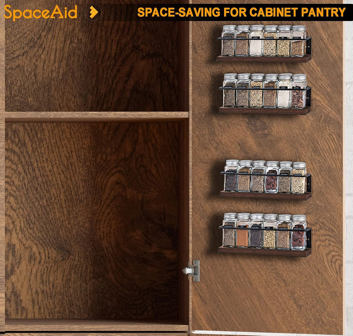 Spice Rack with 24 Spice Jars, 386 Spice Labels, Chalk Marker and Funnel, Wood Hanging Seasoning Shelf for Cabinet Door or Wall Mount (4 Pack)