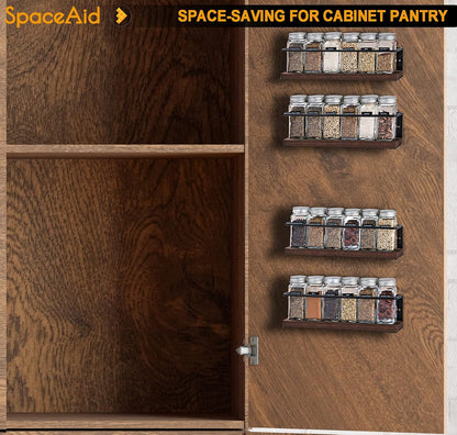 Spice Rack with 24 Spice Jars, 386 Spice Labels, Chalk Marker and Funnel, Wood Hanging Seasoning Shelf for Cabinet Door or Wall Mount (4 Pack)