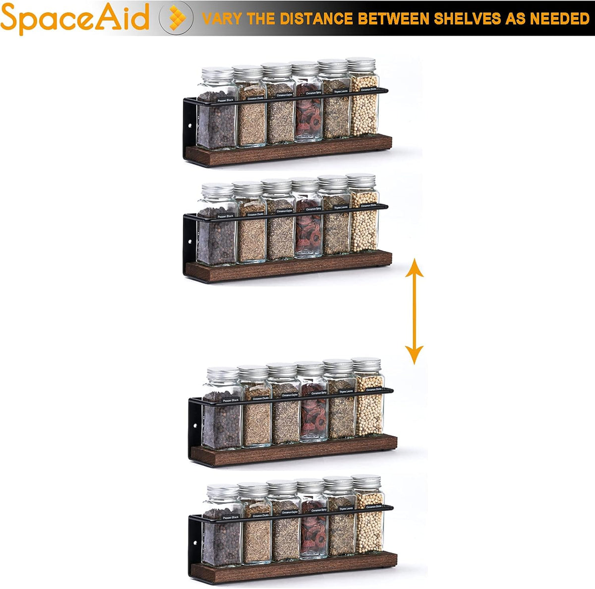 Spice Rack with 24 Spice Jars, 386 Spice Labels, Chalk Marker and Funnel, Wood Hanging Seasoning Shelf for Cabinet Door or Wall Mount (4 Pack)