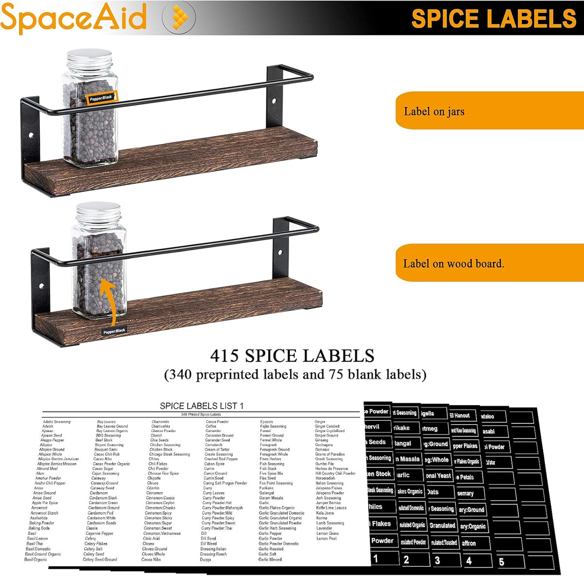 Spice Rack with 24 Spice Jars, 386 Spice Labels, Chalk Marker and Funnel, Wood Hanging Seasoning Shelf for Cabinet Door or Wall Mount (4 Pack)