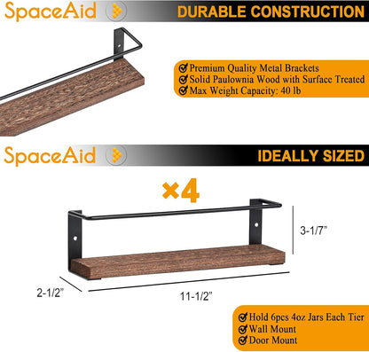Spice Rack with 24 Spice Jars, 386 Spice Labels, Chalk Marker and Funnel, Wood Hanging Seasoning Shelf for Cabinet Door or Wall Mount (4 Pack)