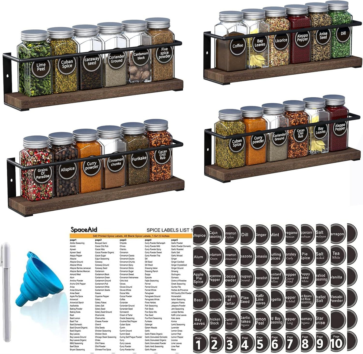 Spice Rack with 24 Spice Jars, 386 Spice Labels, Chalk Marker and Funnel, Wood Hanging Seasoning Shelf for Cabinet Door or Wall Mount (4 Pack)